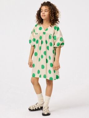 Molo Girls Camellia Beige Dress with Green Dots, Size 7/8